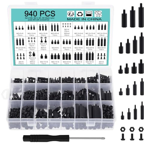 WiMas 940PCS Nylon Hex Standoff Spacer Schraube Mutter Gewindesäule Standoff Schrauben Assorted Sortiment Set M2 M2.5 M3 M4 für DIY PCB Board Motherboard Montage (Schwarz)