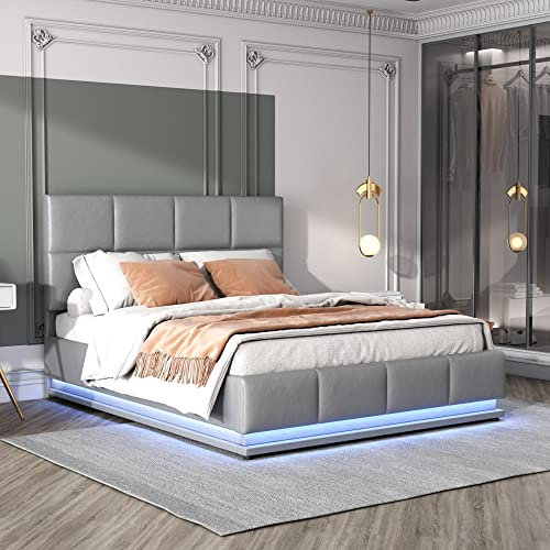 Azkoeesy Polsterbett 140 x 200 cm mit LED-Beleuchtuing, Polsterbett Doppelbett Jugendbett mit Stauraum und Bettkasten, mit Lattenrost ud Kopfteil, Kunstleder-bezug, Moderner Schlafzimmermöbel, Grau
