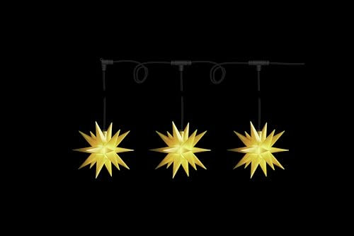 Sterntaler Sternenkette | Weihnachtsstern Kette | 3 Sterne | 18 Zacker | Gelb | 12cm | Außen | LED | Batterie | mit Timer & Fernbedienung