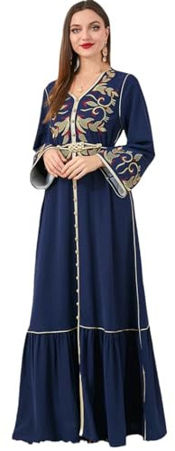 Ethnische Emberoidery Gulf Abaya Langarm V-Ausschnitt Gürtel Kaftan Dubai Lange Maxikleider für Damen, Königsblaues Kleid, X-Large