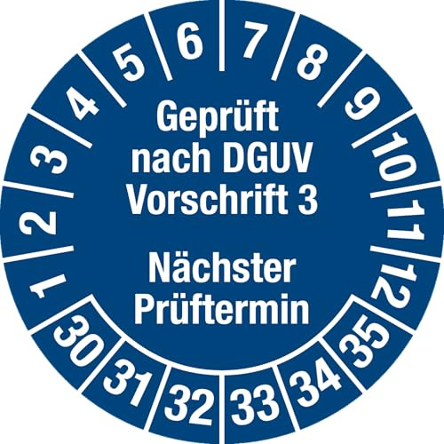 Prüfplakette - Mehrjahresplakette Geprüft nach DGUV Vorschrift 3 - Nächster Prüftermin, Monate: 1-12, Jahre: 2030-2035, Dokumentenfolie, blau, Ø 30 mm, 15 Stück je Bogen