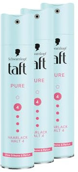 Schwarzkopf Taft Haarlack Pure (3x 250 ml), Haarstyling Haltegrad 4, Haarspray für alle Haartypen, Keine Silikone, Kein Parfüm, Vegane Formel*