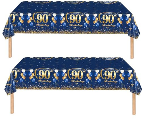 2Pcs Navy Blue Happy 90th Birthday Party TableCloth,137*274cm Plastic Blue and Gold 90th Table Cloth for Man Men Him Birthday Table Decorations Disposable Party Tablecovers for Adults Birthday Party