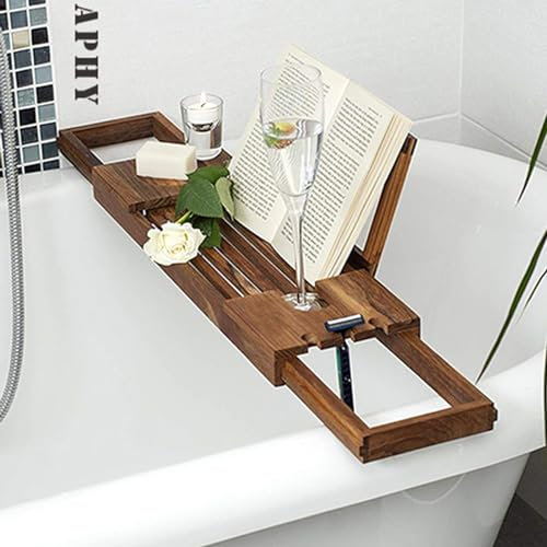 Badewannenablage 20-33 Zoll erweiterbares Badezimmer-Tablettregal für Badewanne, Badewannen-Aufbewahrungsregal aus Teakholz mit Weinglashalterung, Verstellbarer Badezimmer-Organize
