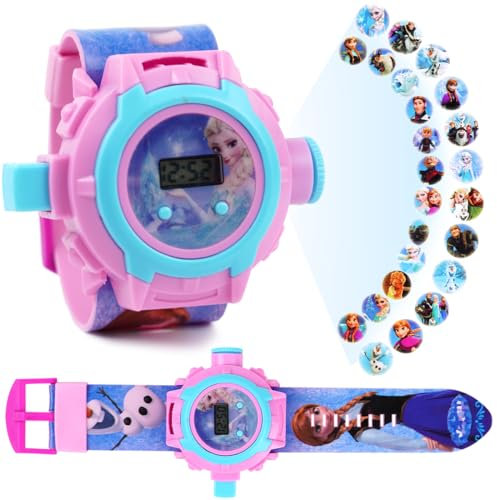 Kinderprojektionsuhr, Kinder Cartoon Uhr, 24 Verschiedene Bilder Projektor Uhr, Blau Rosa Elektronische Armbanduhr, Einstellbare Digitale Projektionsuhr, für Jungen Mädchen