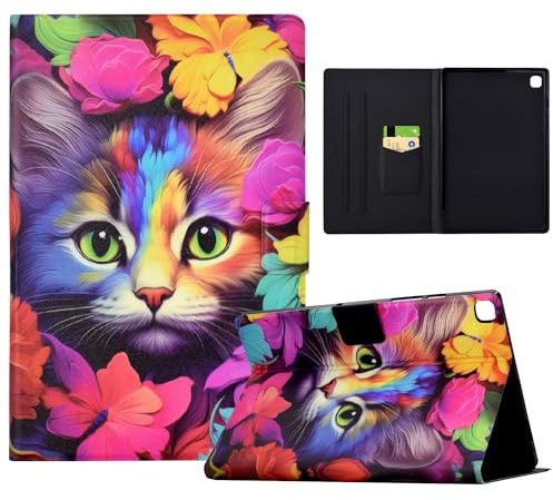 Coque pour iPad 9ème Génération 2021 10.2 / 8ème 2020 / 7ème 2019, Multi-Angle Support Etui à Rabat Housse de Protection Motif de Couleur avec Veille/Réveil Auto pour iPad 10,2, Rose et Chat