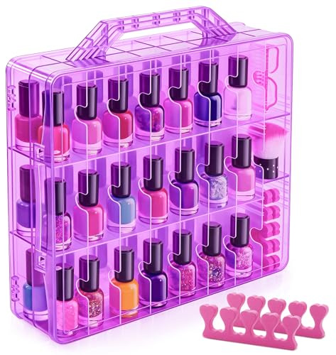 DreamGenius Custodia organizer per 48 flaconi con 2 separatori per unghie, supporto doppio laterale per smalto gel con divisori regolabili, viola
