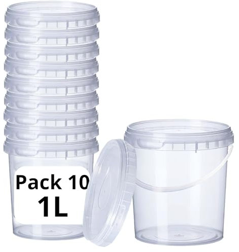 GROWMANIA Pack x10 Cubo Plástico 1L Transparente con Asa – Tupper Hermético Apto para Alimentos, Líquidos y Pintura - Bote Almacenamiento – Tarro Contenedor Resistente