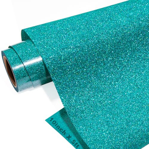GIRAFVINYL Teal Glitter HTV Heat Transfer Vinyl, Glitter Teal Iron on Vinyl - 10” x 5ft Waterproof Aqua Vinyl for T-Shirt, Clothing Embellishment
