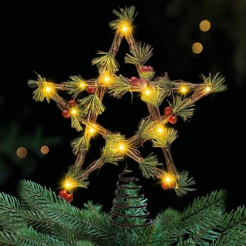 Christbaumspitze Stern, Weihnachtsbaum Stern Spitze, 20 LED Lichter Christbaumspitze Beleuchtet, Weihnachtsbaum für Indoor Büro Festliche Weihnachten Neujahr Urlaub Baumschmuck (Rattan mit Blumen)