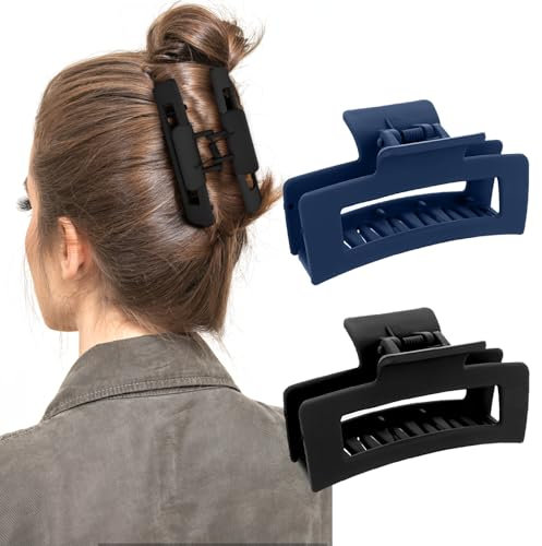 WLLHYF Quadratische Klauenclips 2 Stück 8.5 cm Mittlere Haarklammern Matt Rutschfest Modisch Starker Halt Bananen Clips Haarstyling ZubehöR Für Frauen Und Mädchen (Schwarz/Marineblau)