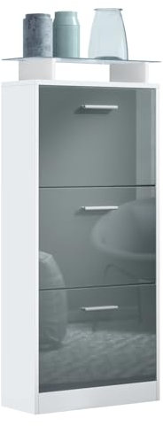 Vladon Schuhschrank Lavia V2, Schuhkipper für 12 Paar Schuhe mit 3 Klappen und Glasablage, Weiß matt/Grau Hochglanz (46 x 128 x 23 cm)