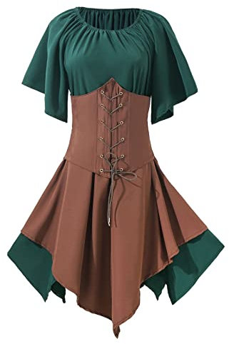 Halloween Kostüm Damen, Mittelalter Kleidung Kurze Ärmel- Korsett Kleid Damen Viktorianisches Kleid Gothic Kleid Renaissance Retro Steampunk Kleid Vintage Cosplay Umhang Sexy Gruselig Mädchen