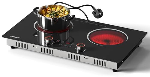 Karinear Double Ceramic Hob, Double Electric Hob Portable 30cm Ceramic Hob Knob Control with 4-Hour Timer, 9 Power up to 2800W, Safety Lock, for All Type Pot