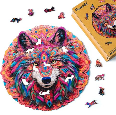 Figured'Art Holzpuzzle Erwachsene und Kinder 200 Teile Tiere - Lebendiger Wolf - Originelles Design 28,9x28,4 cm Einzigartige Form mit Premium-Holzkiste