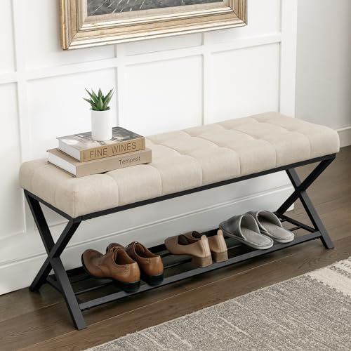 LUE BONA Schuhbank,Schuhbank mit Sitzfläche,Schuhschrank mit Sitzbank und Leinen Gepolstertem,Sitzbank Flur mit Metallrahmen für Eingangsbereich,Wohnzimmer,Flur,113 x 38 x 46 cm,Leinen