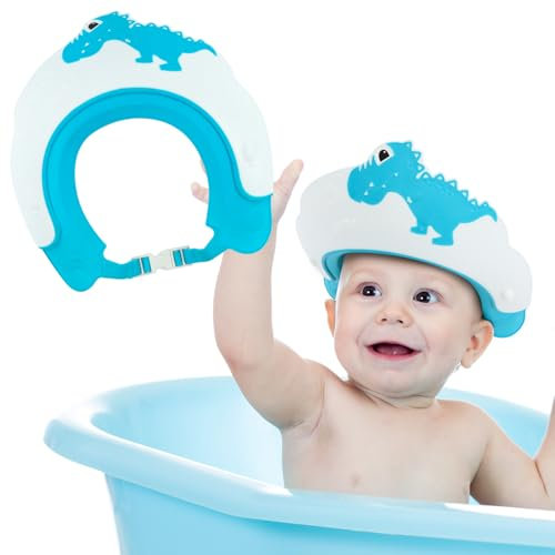 Romon Cappello Doccia per Bambini in Morbido Silicone, Visiera Regolabile per Sicurezza Bagno - Dinosauro Blu