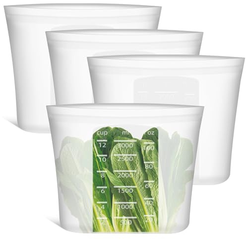 Extra Large Reusable Silicone Food Storage Bags 4 Pack, 0.8 Gallon/3000ml, 100% Silicone Stand-Up Wide-Open Zip-Lock Reusable Bags for Large Items, Microwave Freezer Oven Dishwasher Safe, Translucent
