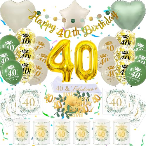 40 Geburtstag Deko Männer Frauen, Grün Gold Zahlenballon 40. Geburtstag Set | Geburtstagsdeko 40 Jahre, Grün Gold Party Deko, Happy 40th Birthday Banner, 32 Zoll Zahlenballons, Schärpe und Ballons