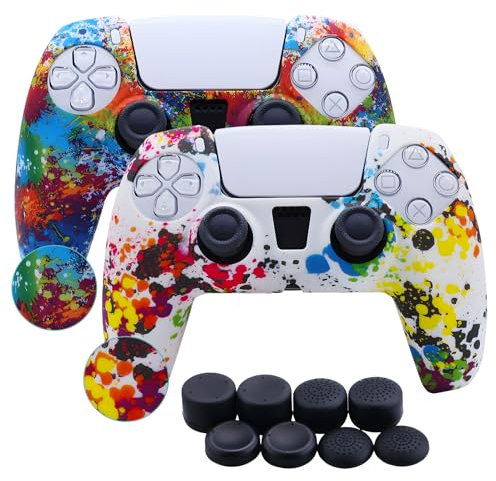 [2PCS] Silicone Case Cover for DualSense PS5 Controller, Anti-Slip Sweatproof Skin with 10 Thumb Grips, Protective Gaming Accessories, Ergonomic Grip, Dustproof Shockproof Cover for PlayStation 5 (Gra