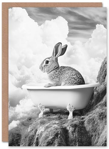 Artery8 Greeting Card Cute Bunny Rabbit in Bathtub Black White Surreal Blank For Him Or Her Art Birthday Card