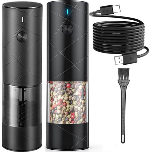 Junterone 2 Piece Electric Salt and Pepper Grinder Set Black ABS with Warm LED Light, Adjustable Coarseness Large Capacity