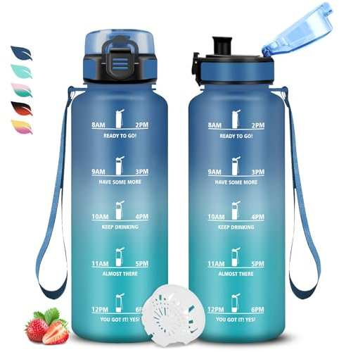 Gourde 1,5l, Gourde Sport, Gourde Anti-Fuite, Gourde Motivation avec Marqueur de Temps, Gourde Graduée pour 1 Journee, Facile à Nettoyer, Gourde Adulte, Bouteille pour Running, Voyage, Extérieur, Yoga