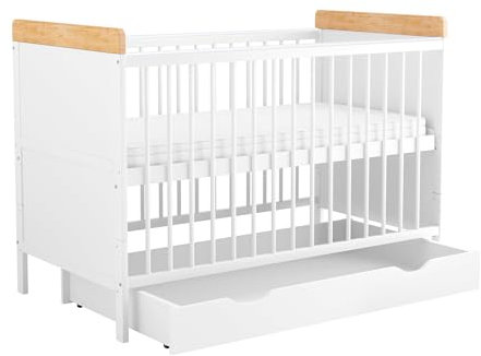 Generisch Baby Delux Babybett 60x120 weiß Natur Kinderbett umbaubar zum Juniorbett Schublade Matratze Komplett Set Ella