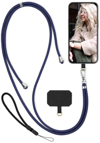 moex Unleash für Nothing Phone (3a) Pro Handyband zum Umhängen ohne Hülle, Handykette Universal mit Karabiner, Handy Band abnehmbar, Kette mit Pad für Handyhülle, Blau, Silber