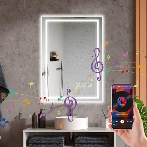 Ratsamee Badspiegel mit Beleuchtung LED, 50x70cm Bluetooth Spiegel mit Light, Wandspiegel mit Frontbeleuchtung, Antibeschlagfunktion, Dimmbar, mit 3 Einstellbaren Lichtfarben