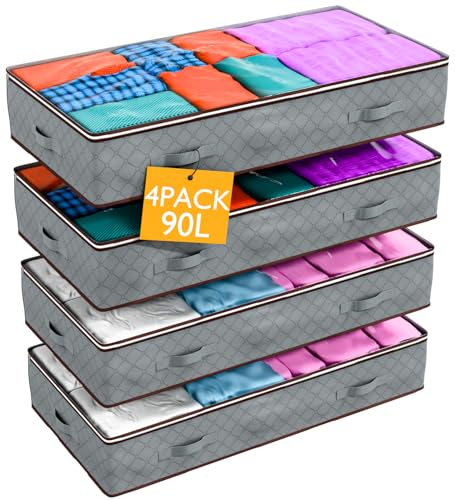4 Pack 90L Underbed Storage Boxes with Lids | Foldable Clothes Storage Bags with Zips & Handles | Large Bags for Bedding, Blankets, Duvets & Comforters | Grey Fabric Organizer for Home