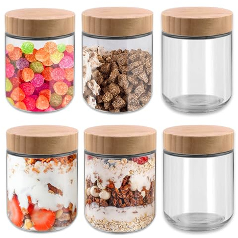 wintfarm 6 Stück Meal Prep Gläser,500ml Overnight Oats Gläser mit Bamboo Deckel,Multifunktional Meal Prep Glas Pudding Boxen Glas für Marmelade,Salat,Milchshake,Mahlzeitenzubereitung (6)