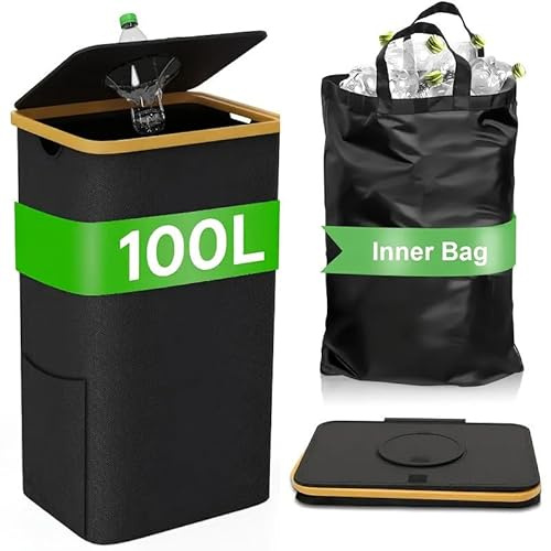 Pfandflaschen Sammelbehälter 100L mit Deckel und Innenbeutel, faltbar | Großer Flaschensammler mit Öffnung für Küche und Abstellraum, dunkelgrau, platzsparend und leicht zu entleeren