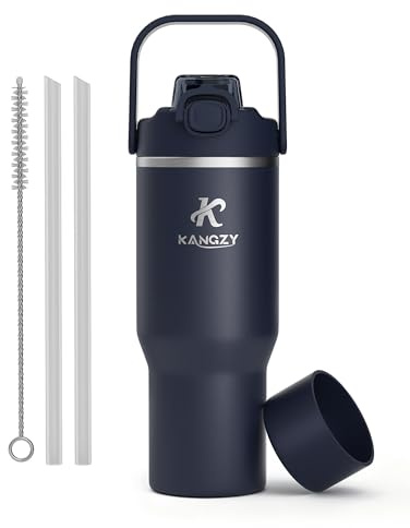 KANGZY Metal Water Bottle with Straw 1L/32oz – Vacuum Insulated Stainless Steel Flask, 2-in-1 Straw & Spout Lid, BPA-Free Leak-Proof Tumbler, Keeps Drinks Hot 8H+ / Cold 24H for Work, Travel Navy Blue