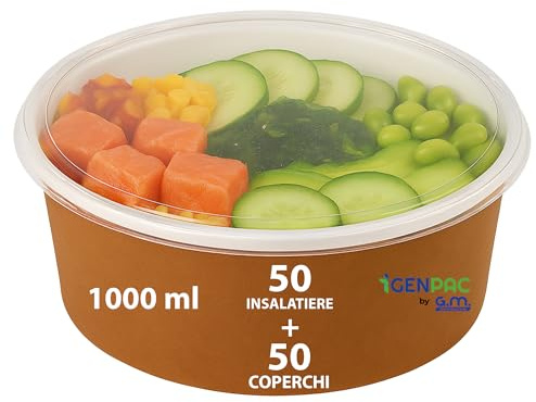 GM – 50 Insalatiere in Carta Avana 1000 ml con Coperchio Trasparente, Diametro 15 cm – Contenitori Alimentari per Insalate, Poke, Piatti Freddi – Ideali per Asporto, Gastronomie, Bar e Catering
