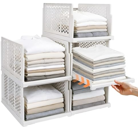 5 Pack Wardrobe Storage Organiser, Stackable Foldable Closet Organisers | Plastic Storage Boxes, Folding Drawer Organiser Clothes Basket Box for Bedroom Bathroom Kitchen Laundry Room, White