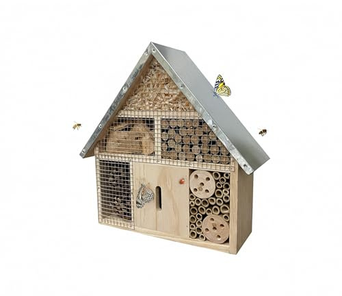 Relaxdays Insektenhotel, Holz, wetterfestes Metalldach, Natur/Silber | HxBxT: 28 x 30 x 9 cm, Insektenhaus zum Aufhängen
