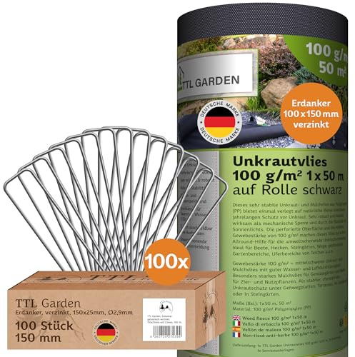 TTL GARDEN 100g/m² Unkrautvlies Set 50m² 1 x 50m auf Rolle + 100 Erdanker | - wasserdurchlässig reißfest UV-stabil & atmungsaktiv Gartenvlies - Wurzelsperre Mulchvlies Garten Vlies Folie gegen Unkraut