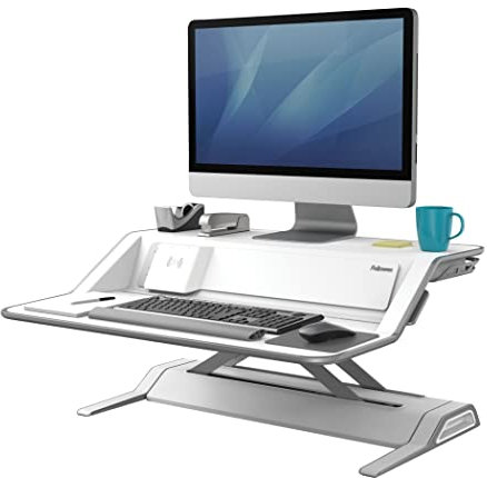 Fellowes höhenverstellbarer Sitz-Steh Schreibtischaufsatz Lotus DX, stufenlos höhenverstellbar mit SmoothLift, zwei Plattformen, Qi-Ladepad und USB Ports, antibakterieller Microban Schutz, weiß
