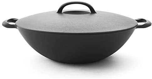 Iwachu Gusseisen Wok-Pfanne, rund mit Deckel. 2 Größen. Schmor-Topf für Induktion, Induktions-Herd, Ceran, Gas, Backofen, BBQ, Grill