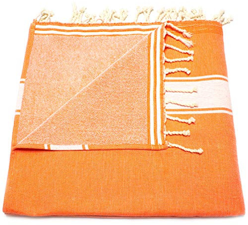 ANNA ANIQ Fouta Hamamtuch mit Frottee (eine Seite) - XXL Extra Groß 100x180 cm Strandtuch Saunatuch - 100% Baumwolle, Bade-Tuch, Picknick-Decke, Yoga, Pestemal, Strand-Handtuch (Orange)