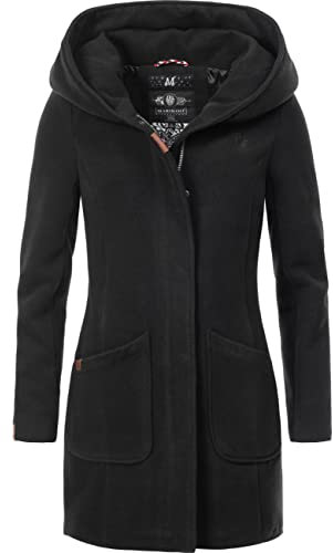MARIKOO Damen Mantel in Wolloptik Warmer Trenchcoat mit Kapuze Maikoo Schwarz Gr. S