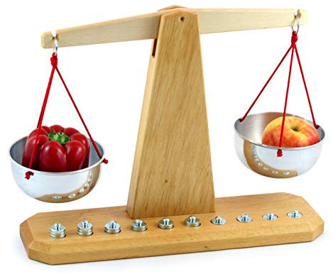 Balkenwaage, Lernwaage mit 10 Gewichten, Montessori-Waage Profimaterial für Kindergarten und Schule - Made in Germany
