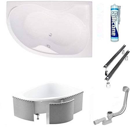 ECOLAM® Badewanne Eckwanne Eckbadewanne Acryl weiß Dora Polimat 170x110 cm RECHTS + universelle Styroporverkleidung + Ablaufgarnitur Ab- und Überlauf Automatik Füße Silikon - Komplett-Set