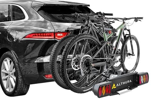 Althura Portabici da Gancio Traino per 2 Bici (anche E-Bike) | Ripiegabile e Inclinabile | Carico 60kg, Doppio Antifurto, Fanali Omologati con Presa 13 Poli