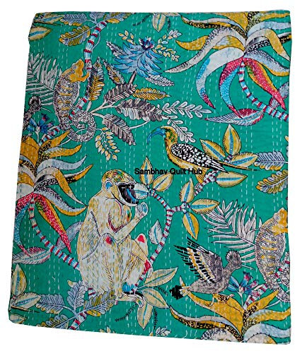 Einzigartige Kantha-Steppdecke, Affen-Blumendruck, Baumwolle, handgefertigt, Bohemian-Dekor, Queen-Size/King-Size, Doppelbettgröße, Boho-Decke, Überwurf, Decke (Türkis, Doppelbett, 152,4 x 228,6 cm)