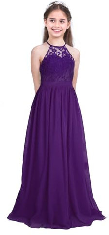 Freebily Vestito da Festa Ragazza Chiffon Lungo Vestito da Bambina Elegante per Cerimonia Principessa Abito da Sposa Vestito Damigella Matrimonio Compleanno Viola B 14 Anni