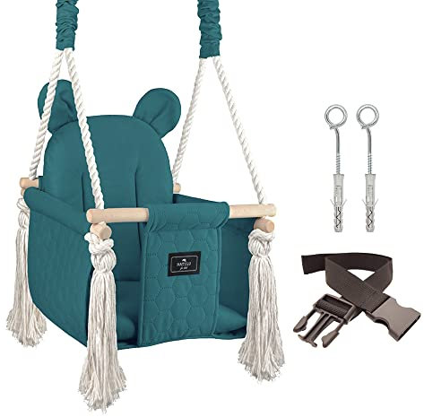 NATILU® Columpio Infantil Bear Quilted Peacok | Columpio de Madera para niños | Columpio de Oso producido en la Unión Europea