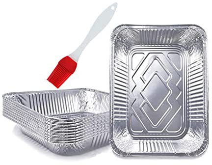 WSHA 10 bandejas de Papel de Aluminio Desechables/bandejas de Aluminio de 3500 ml/recipientes Grandes para Alimentos con Cepillo de Silicona para Hornear, 32 x 26,5 cm