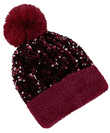 Ailovone Winter Hut Pailletten Damen Strickmütze Winter Damenmütze gefüttert Fleece Fleece Warme Strickmütz Bequem Weiche Wintermütze Grobstrick Abnehmbarer Haarball (Y3)